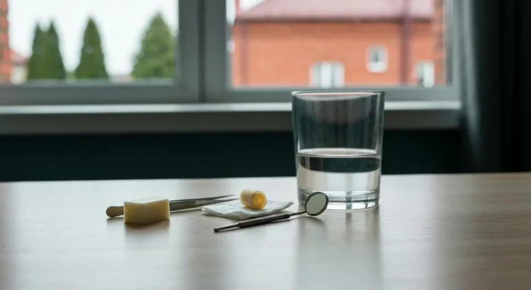 Zestaw do awarii aparatu ortodontycznego - wosk, pinceta i lusterko dentystyczne na stole, w tle okno kamienicy
