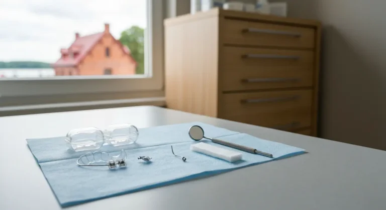 Zblizenie na blat gabinetu stomatologicznego z etui na retainer, odklejonym zamkiem i kawalkiem drutu ortodontycznego or