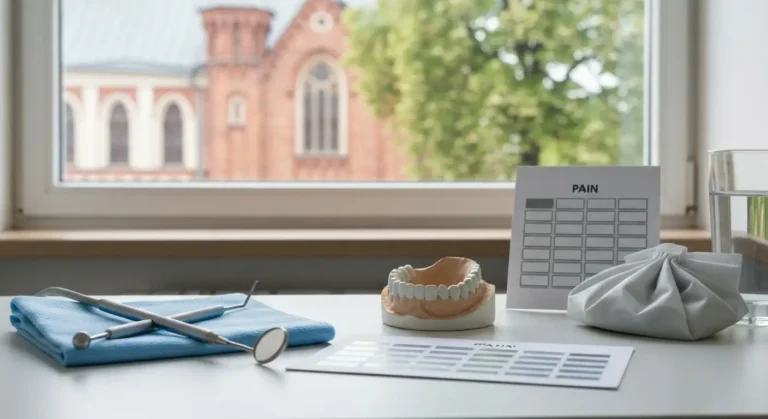 Narzedzia dentystyczne i model szczeki na biurku gabinetu w Olsztynie, w tle rozmyta ceglana architektura