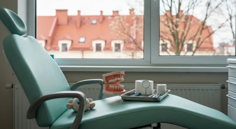 Gabinet stomatologii dziecięcej w Olsztynie - mały fotel dentystyczny, model szczęki z zębami mlecznymi i narzędzia na t