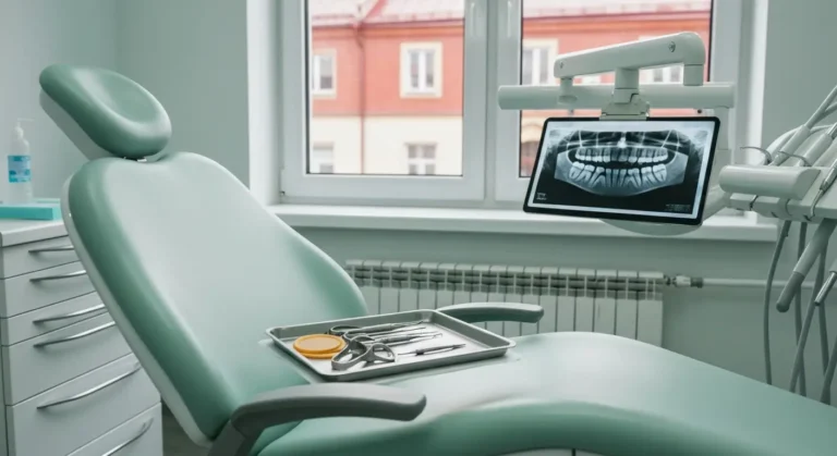 Pusty fotel dentystyczny i taca z narzedziami do leczenia kanalowego w gabinecie, w tle zdjecie rentgenowskie zeba i okn