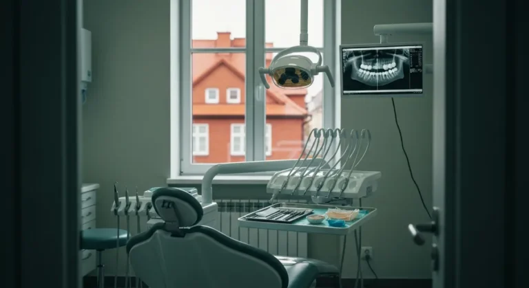 Pusty fotel dentystyczny i tacka z narzedziami endodontycznymi w gabinecie stomatologicznym, za oknem ceglane kamienice