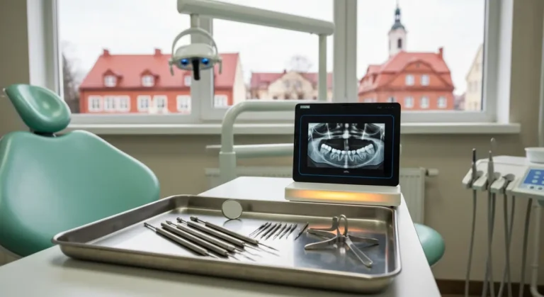 Taca z narzedziami endodontycznymi i zdjeciem RTG zeba w gabinecie stomatologicznym w Biskupcu