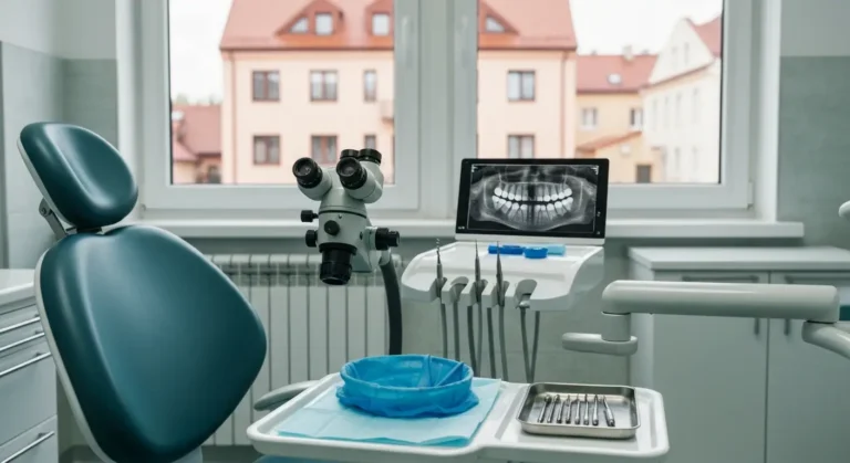 Pusty gabinet endodontyczny w Ciechanowie z mikroskopem, tacka narzedzi kanalowych i zdjecie RTG zeba trzonowego