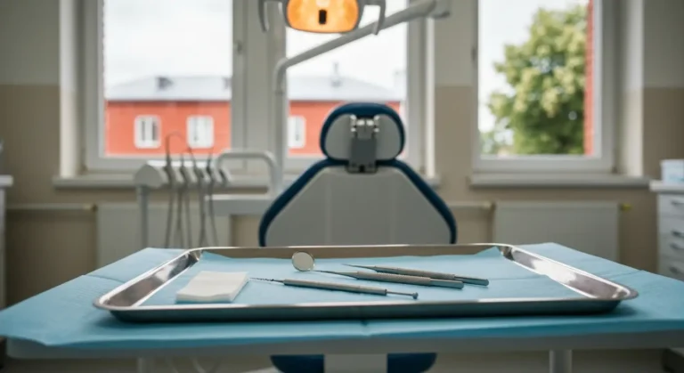 Taca ze sterylnymi narzedziami endodontycznymi w gabinecie stomatologicznym, w tle fotel dentystyczny i okno z dziennym