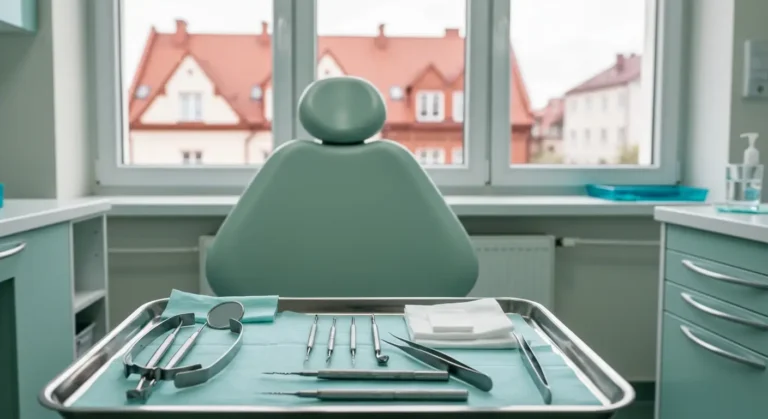 Pusty fotel dentystyczny i taca z narzedziami endodontycznymi w gabinecie stomatologicznym przy oknie z widokiem na dach