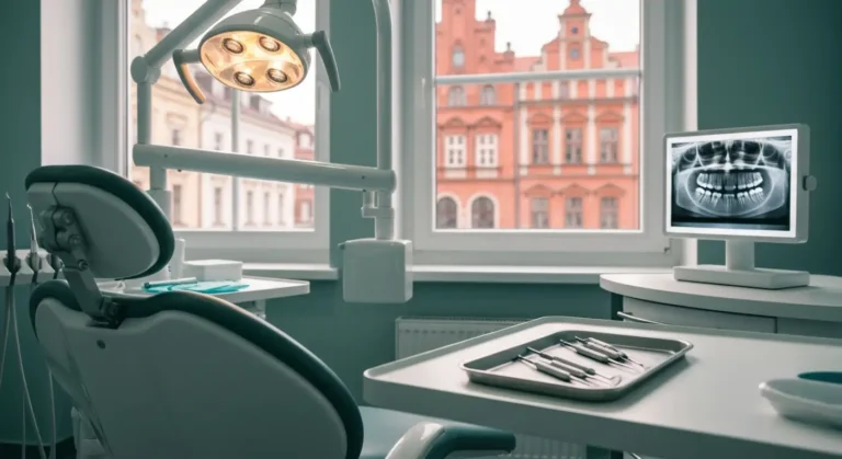 Pusty gabinet stomatologiczny z fotelem, lampa i taca narzedzi endodontycznych, za oknem ceglane kamienice Elblaga
