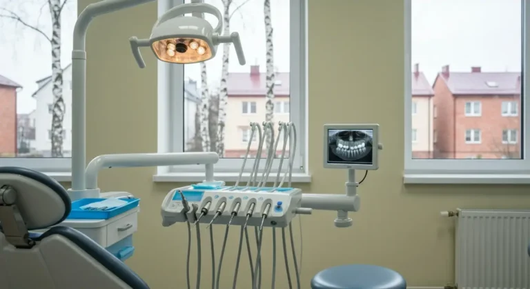 Gabinet stomatologiczny w Elku - fotel dentystyczny, narzedzia do leczenia kanalowego na sterylnej tacy i zdjecie rentge