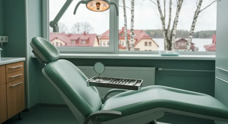 Spokojny gabinet stomatologiczny w Gizycku z fotelem i tacka narzedzi endodontycznych, za oknem mazurskie dachy