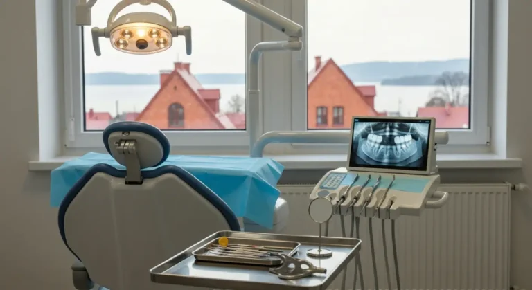 Pusty fotel dentystyczny i narzedzia endodontyczne w gabinecie, za oknem rozmyta panorama Ilawy