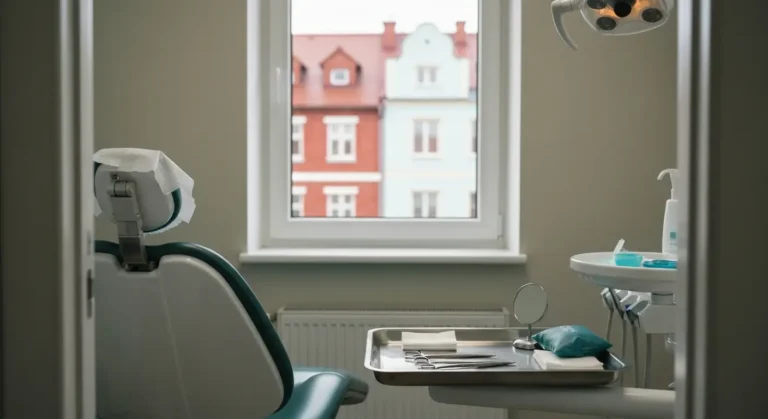 Pusty fotel dentystyczny i sterylna taca z narzedziami oraz gazikami w gabinecie stomatologicznym, za oknem kamienice ma
