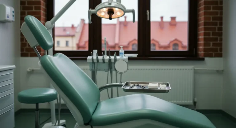 Pusty gabinet stomatologiczny z fotelem i tacka narzedzi, za oknem ceglana zabudowa warminskiego miasteczka