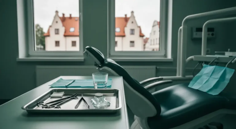Taca z narzedziami stomatologicznymi, gazikami i zimnym okladem obok pustego fotela dentystycznego w gabinecie w Mlawie