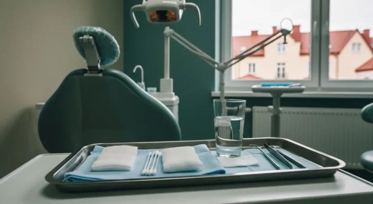 Sterylna taca z gazikami, okladem chlodzacym i szczypcami w gabinecie stomatologicznym w Olsztynku, w tle fotel dentysty