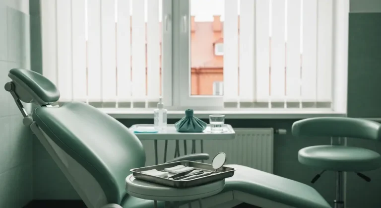 Pusty fotel dentystyczny i taca ze sterylnymi gazikami oraz narzedziami w gabinecie stomatologicznym, obok okna z widoki