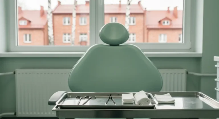 Pusty fotel dentystyczny i taca z narzedziami chirurgicznymi w gabinecie stomatologicznym, za oknem mazurskie kamieniczk
