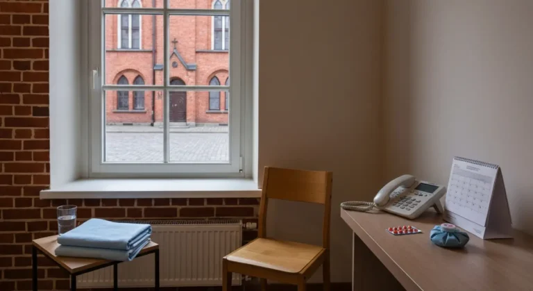 Recepcja gabinetu stomatologicznego w Barczewie o zmierzchu, telefon i kalendarz wizyt na ladzie, za oknem ceglana kamie