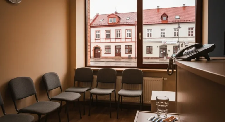 Pusta poczekalnia gabinetu stomatologicznego wieczorem, telefon i szklanka wody na blacie, za oknem kamienice i mokra ko