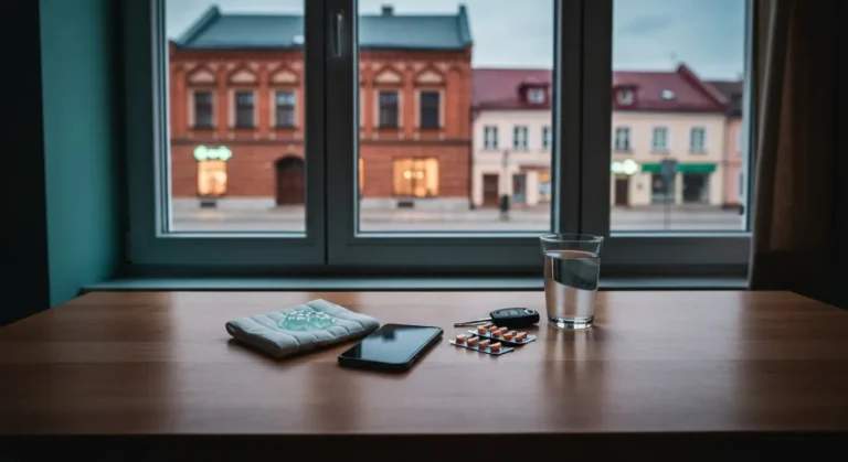 Stol z telefonem, zimnym okladem, lekami przeciwbolowymi i kluczykami, w tle ceglane kamienice Bartoszyc o zmierzchu