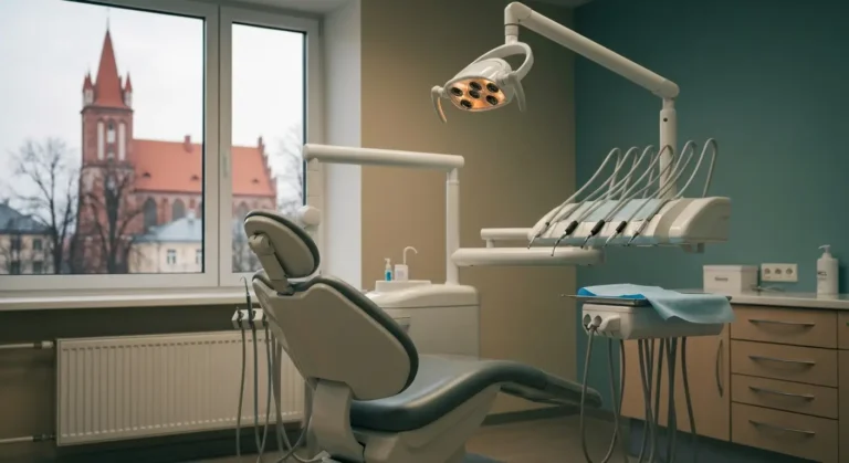 Pusty gabinet stomatologiczny w Olsztynie o zmierzchu - fotel dentystyczny, lampa i taca z narzedziami przy oknie z wido
