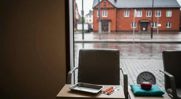Pusta poczekalnia gabinetu stomatologicznego w Biskupcu z tacą narzędzi, tabletkami i zimnym okładem, za oknem mokra ceg