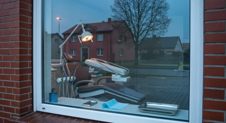 Pusty fotel dentystyczny z zapalona lampa widoczny przez okno gabinetu w ceglanej kamienicy o zmierzchu
