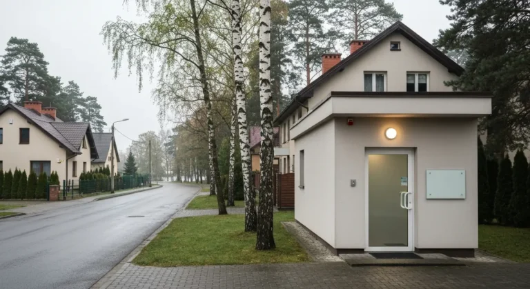 Spokojna ulica na olsztynskich Dajtkach z wejsciem do gabinetu stomatologicznego w parterze budynku, w tle jezioro i sos
