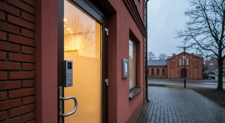 Wejscie do niewielkiego gabinetu stomatologicznego w warminskim miasteczku, cieple swiatlo za matowa szyba drzwi o zmier