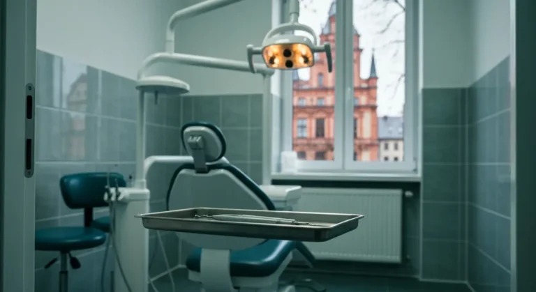 Pusty gabinet stomatologiczny z fotelem i tacka narzedzi, za oknem ceglane kamienice Warmii w pochmurny dzien