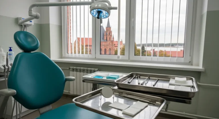 Pusty fotel dentystyczny i taca ze sterylnymi narzedziami w gabinecie, za oknem ceglana architektura Elblaga