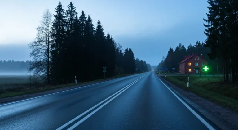 Pusta droga z Gizycka do Olsztyna o zmierzchu, mokry asfalt, las i swiatlo w oddali