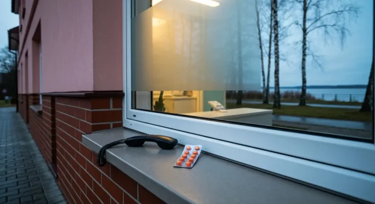 Wejscie do gabinetu stomatologicznego w kamienicy w Gizycku o zmierzchu, telefon i lek przeciwbolowy na parapecie