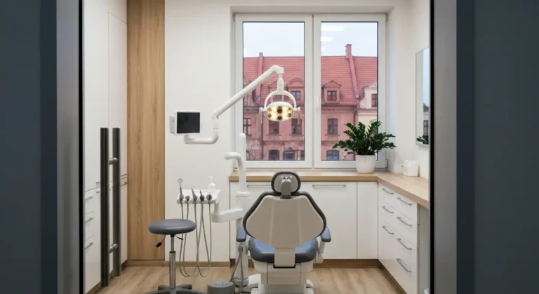 Wnetrze gabinetu stomatologicznego z fotelem i lampa, w tle rozmyte dachy starowki na Warmii